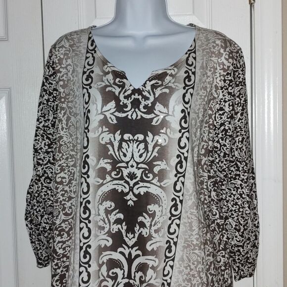 Chico's multi color shades of brown print 3/4 length sleeve top Sz 3 (XL/16) - Picture 3 of 6